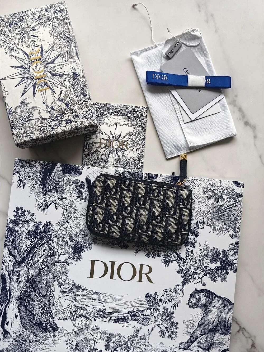 Dior Navy and Beige Oblique Canvas Key Pouch with Gold Hardware